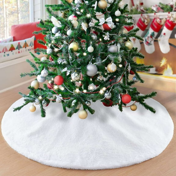 Lava 36 inch Christmas Tree Skirts for 4 ft Christmas Tree White Faux Fur Round Tree Cover Mat Christmas Tree Plush Skirt Christmas Decorations for Xmas Halloween Holiday Home Party Ornaments
