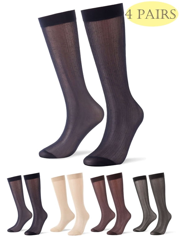 Lava 4 Pairs Men Silk Socks Ultra Thin Sheer Dress Socks Breathable Summer Cool Crew Socks Business Socks Black