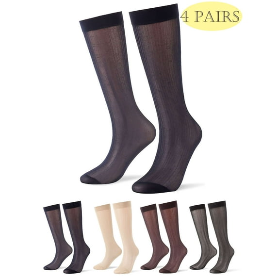 Lava 4 Pairs Men Silk Socks Ultra Thin Sheer Dress Socks Breathable Summer Cool Crew Socks Business Socks Khaki