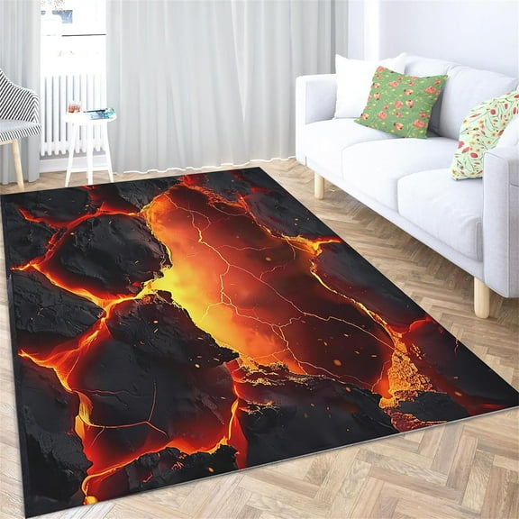 Lava Area Rug, Broken Stone Cracks Rug, Non-Slip Backing Volcano Living Room Rugs, Washable Foldable Indoor Carpet For Living Room Entryway Bedroom Decoration 1x2ft