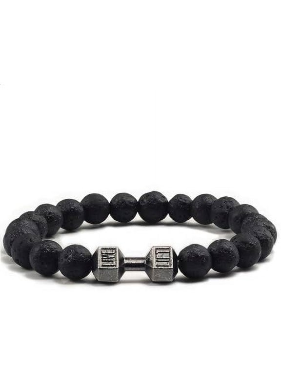 Lava Beads Dumbbell Bracelet For Men, Weight Bracelet 8mm Lava Rock Bracelet Natural Stone, Men Stretch Bracelet Bead Bracelet for Women, Alloy Dumbbell Bracelet