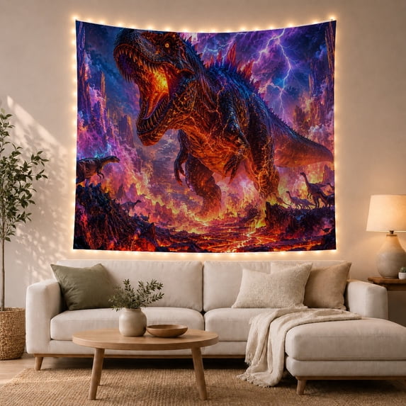 Lava Dinosaur in Volcanic Wasteland, Dramatic Fantasy Style for Dinosaur Lovers, Prehistoric Wall Decor, Housewarming Gift, Tapestry Wall Hanging for Bedroom and Gaming Room