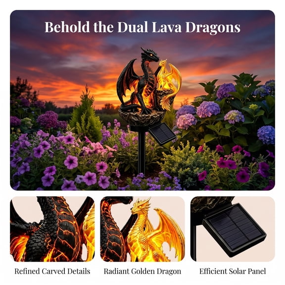Lava Dragon Solar Garden Lights Outdoor Waterproof, Double Dragon Resin Statue Solar Powered Pathway Stake Light, Fantasy Dragon Decorative Landscape Light for Lawn Walkway Backyard Ornament