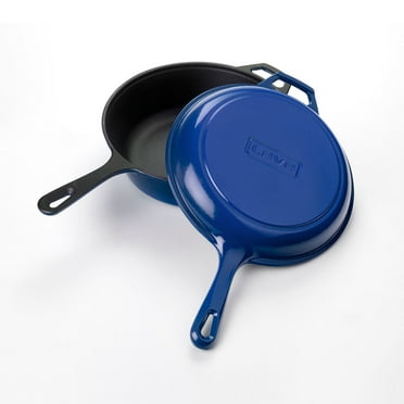 Lava Enameled Cast Iron Combo Deep Skillet and Frying Pan Lid - 10 Inch Diameter, Three Layers of Enamel Coated, 2-in-1 Dual Use Cast Iron Multi Cooker (Blue)