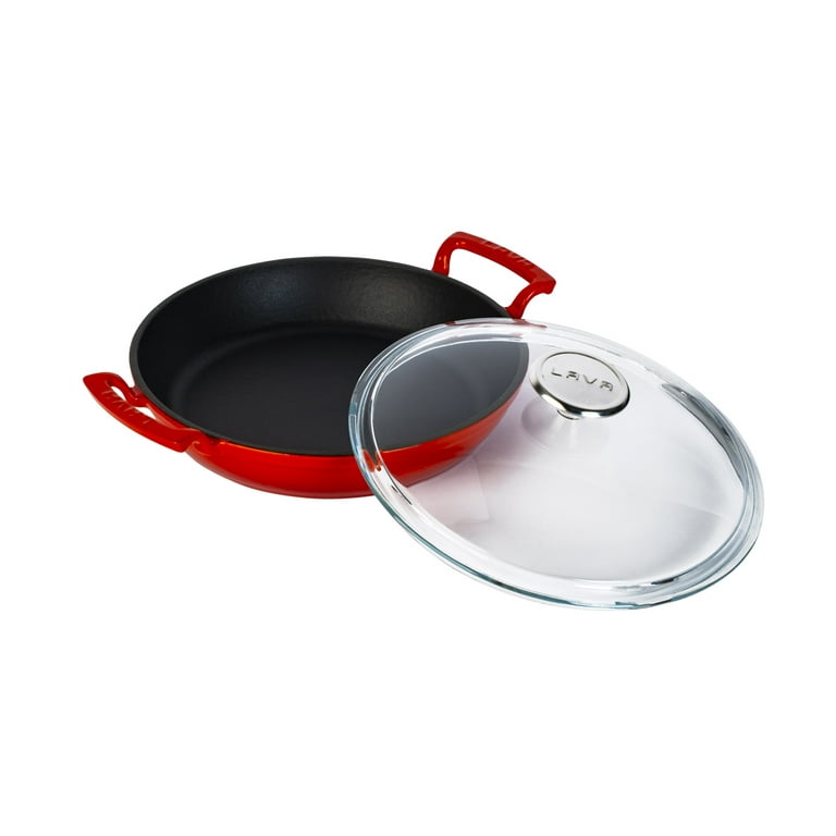 Lava Enameled Cast Iron Round Skillet with Loop Handles and Glass Lid - 9.5  Inch Diameter, Three Layers of Enamel Coated Oven and Grill Safe Frying Pan  (Red) 