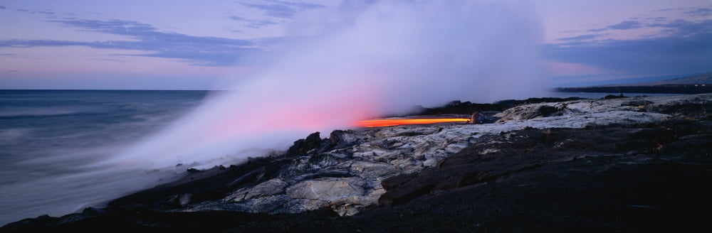 Lava Flowing Into The Ocean Kilauea Hawaii Volcanoes National Park Hawaii USA Canvas Art - Panoramic Images (27 x 9)