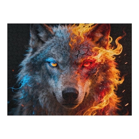 Lava and Frost Wolf Wooden Jigsaw Puzzle 1000 Pieces for Adults, Vibrant Contrast Pattern, Spatial Awareness Training, Hand-Eye Coordination, Classic Tabletop Puzzle, Indoor Hobby Activity