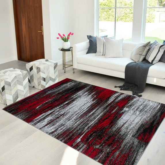 Lava/Grey/Silver/Black/Abstract Contemporary Modern Design Mixed Brush Pattern Colors Area Rug