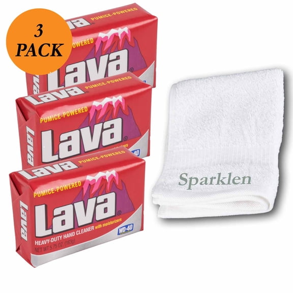 Lava Heavy-Duty Hand Cleaner Pumice soap with Moisturizers, 3-bars [5.75 OZ each] with a Sparklen Cotton Wash Cloth