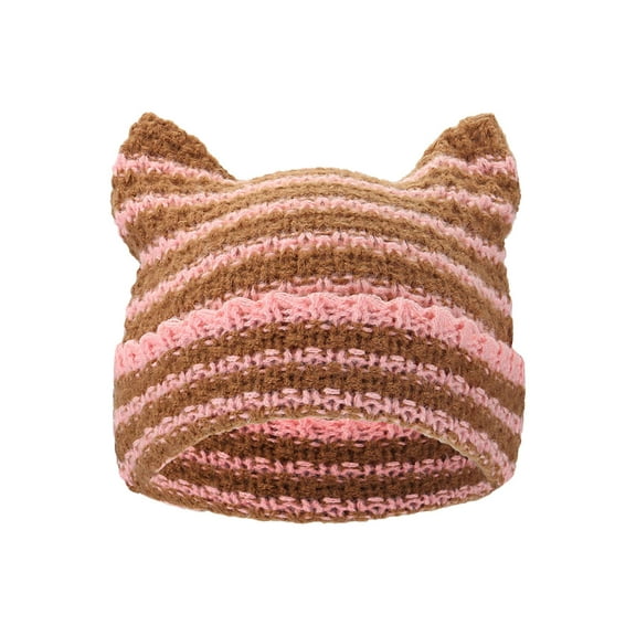 Lava Knit Cat Ear Beanie for Women, Soft Warm Striped Winter Hat, 19"-23" Universal Fit