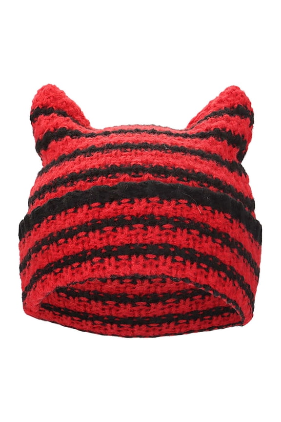 Lava Knit Cat Ear Beanie for Women, Soft Warm Striped Winter Hat, 19"-23" Universal Fit