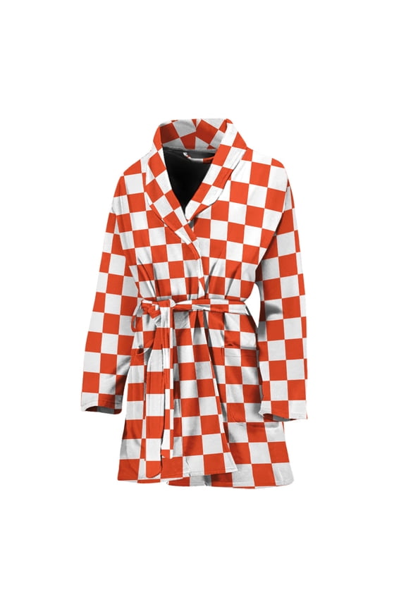 Lava Orange And White Checkered Women Bathrobe One Size Univeral Fits, Checkered Caro Plaid Tartan Fashion Lightweight Plush Fleece Long Robe For Women
