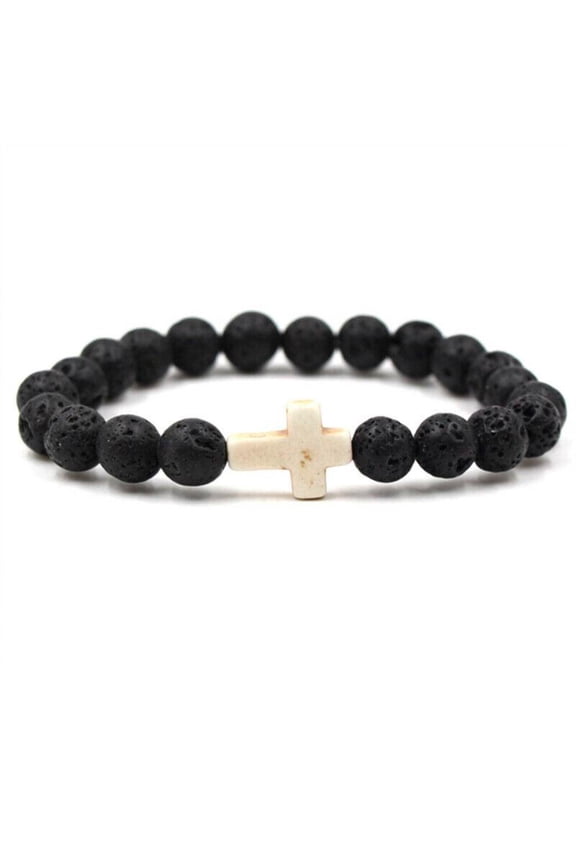 Lava Rock Stone Beaded Bracelet Jesus Cross Christian in Cream