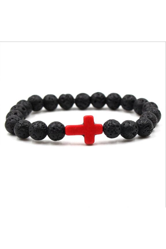 Lava Rock Stone Beaded Bracelet Jesus Cross Christian in Red