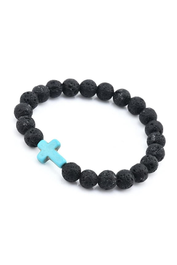 Lava Rock Stone Beaded Bracelet Jesus Cross Christian in Turquoise