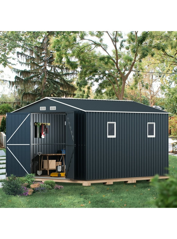 Lava Star 10x12 ft Steel Shed, 7.5ft Tall, Double Doors, 2 Windows, 4 Vents - Garden & Patio Storage
