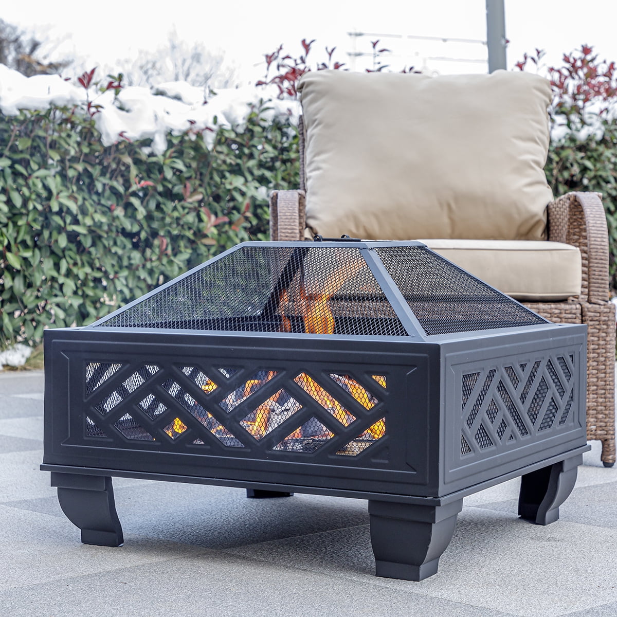 26" Black Steel Square Fire Pit Table with Grill
