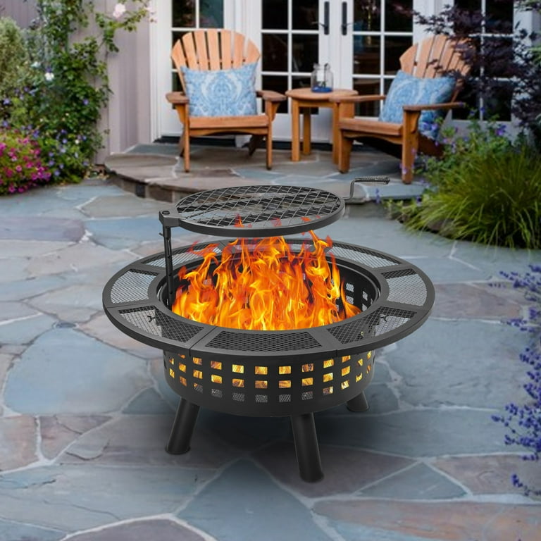 Lava Star 36 inch Wood Burning Fire Pit with Swivel Grill Metal Round Firepit for Patio Garden Party