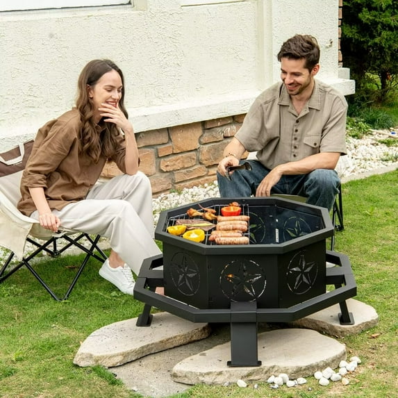 MistMo Octagon Wood Fire Pit with Grill, 35" Metal Firepit Black
