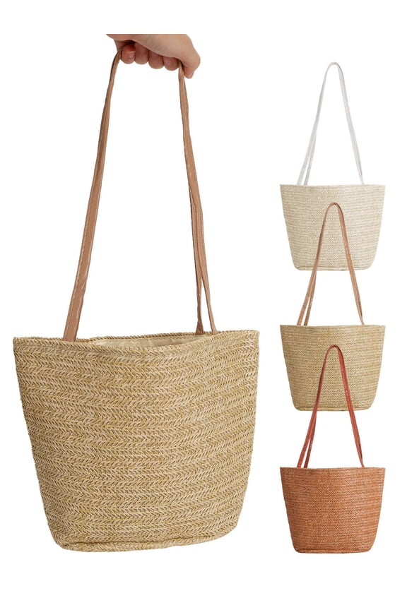 Straw Bucket Bag - Woven Summer Tote with PU Leather Straps (7.9", White)