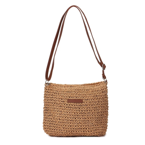 LAVA Straw Woven Crossbody Bag - Adjustable PU Strap Summer Beach Purse (9.1", Khaki)