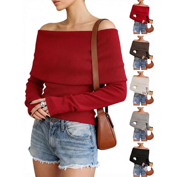 Lava Women's Off Shoulder Sweater, Foldover Long Sleeve Warm Pullover Top