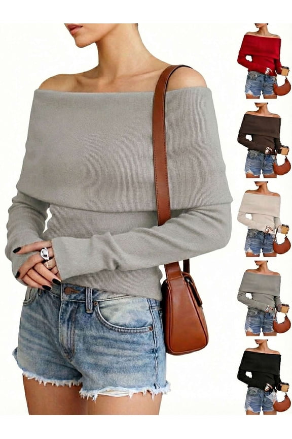 Women's Off Shoulder Sweater, Foldover Long Sleeve Warm Pullover Top