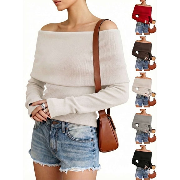 Lava Women's Off Shoulder Sweater, Foldover Long Sleeve Warm Pullover Top