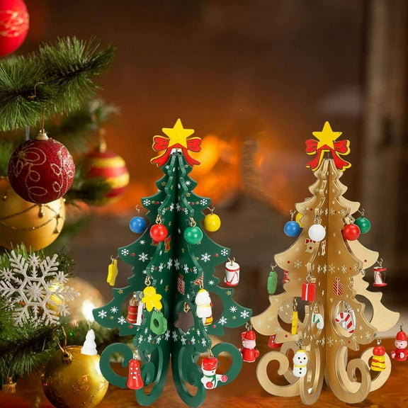 Lava Wooden Mini Christmas Tree Miniature Desktop Small Christmas Tree 3D Xmas Tree with Christmas Ornaments Set for Xmas Holiday Party Home Decor