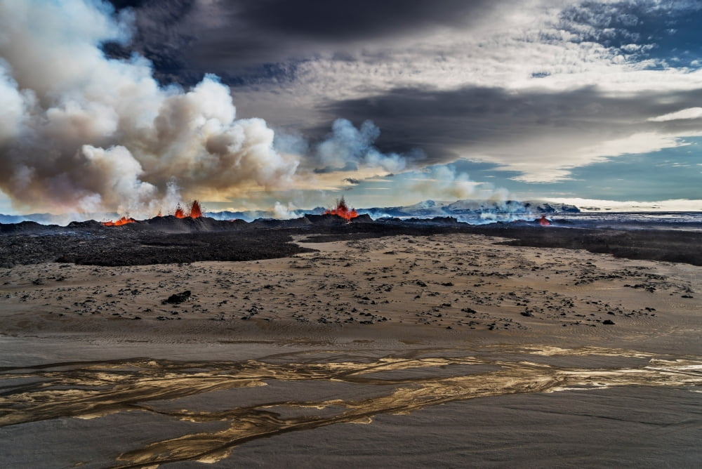 Lava and plumes from the Holuhraun Fissure by the Bardarbunga Volcano Iceland Canvas Art - Panoramic Images (36 x 12)