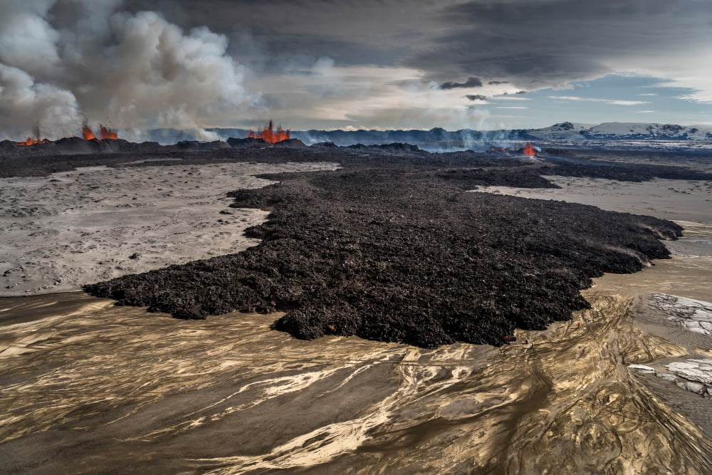 Lava and plumes from the Holuhraun Fissure by the Bardarbunga Volcano Iceland Canvas Art - Panoramic Images (36 x 12)