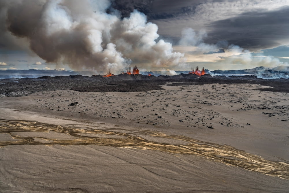Lava and plumes from the Holuhraun Fissure by the Bardarbunga Volcano Iceland Canvas Art - Panoramic Images (36 x 12)