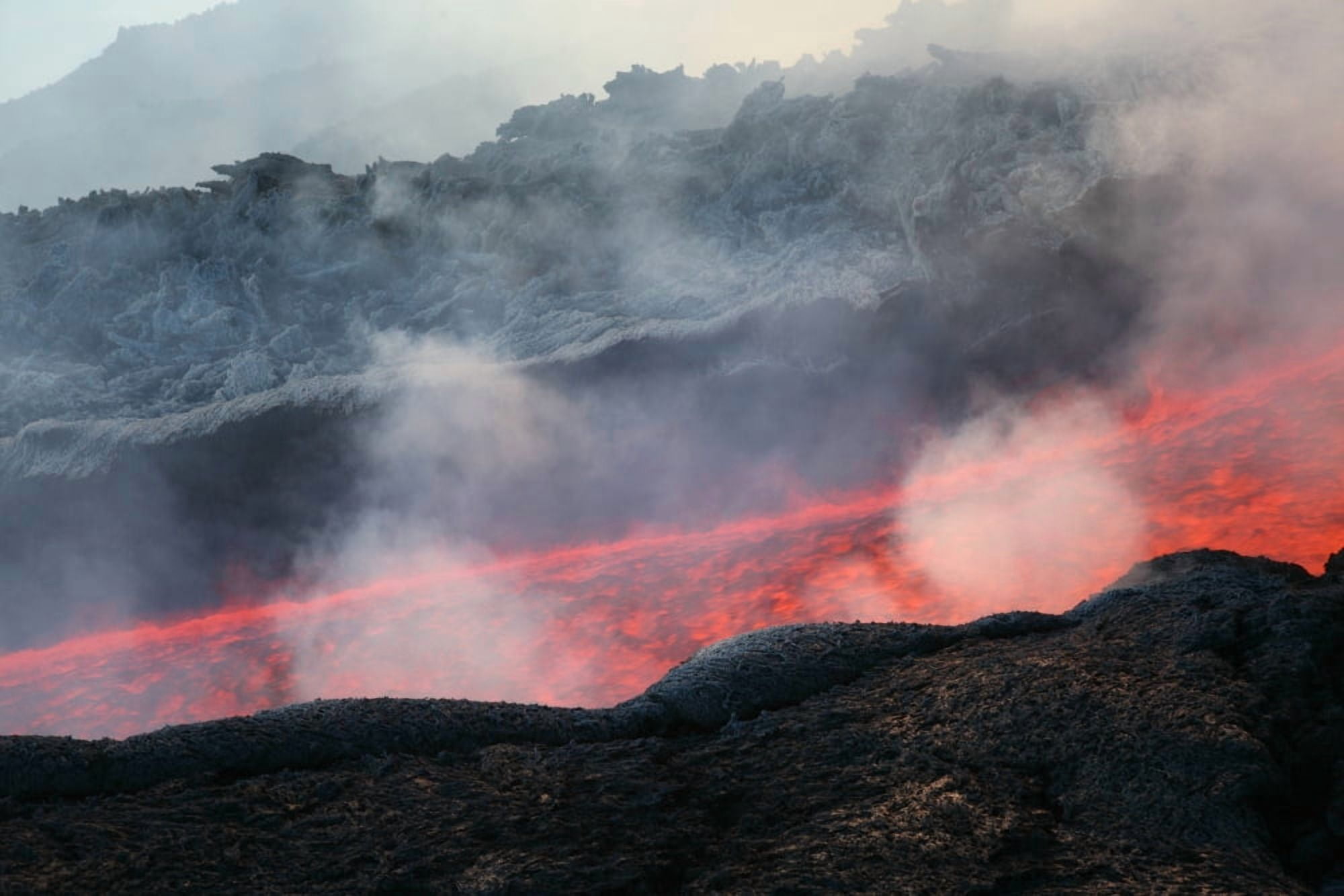 Lava flow during eruption of Mount Etna volcano Sicily Italy Canvas Art - Richard RoscoeStocktrek Images (18 x 12)