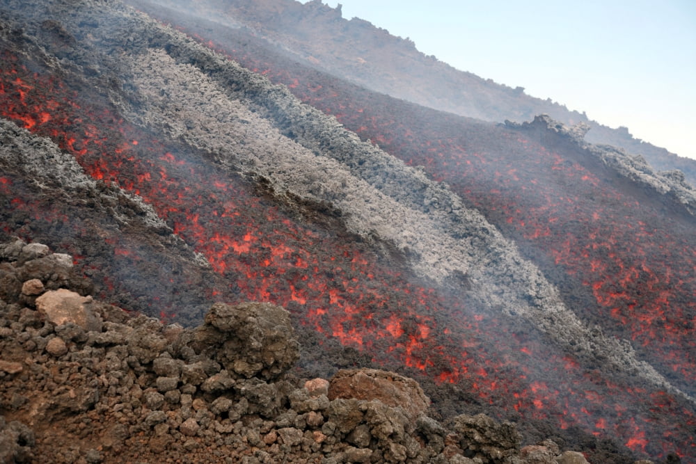 Lava flow during eruption of Mount Etna volcano Sicily Italy Canvas Art - Richard RoscoeStocktrek Images (18 x 12)