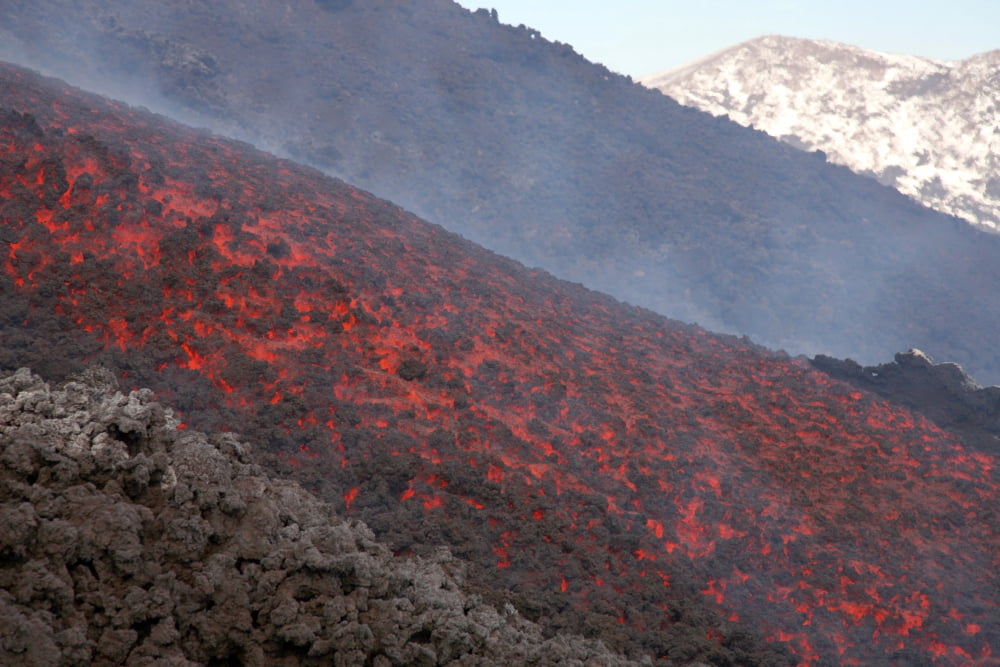 Lava flow during eruption of Mount Etna volcano Sicily Italy Canvas Art - Richard RoscoeStocktrek Images (18 x 12)