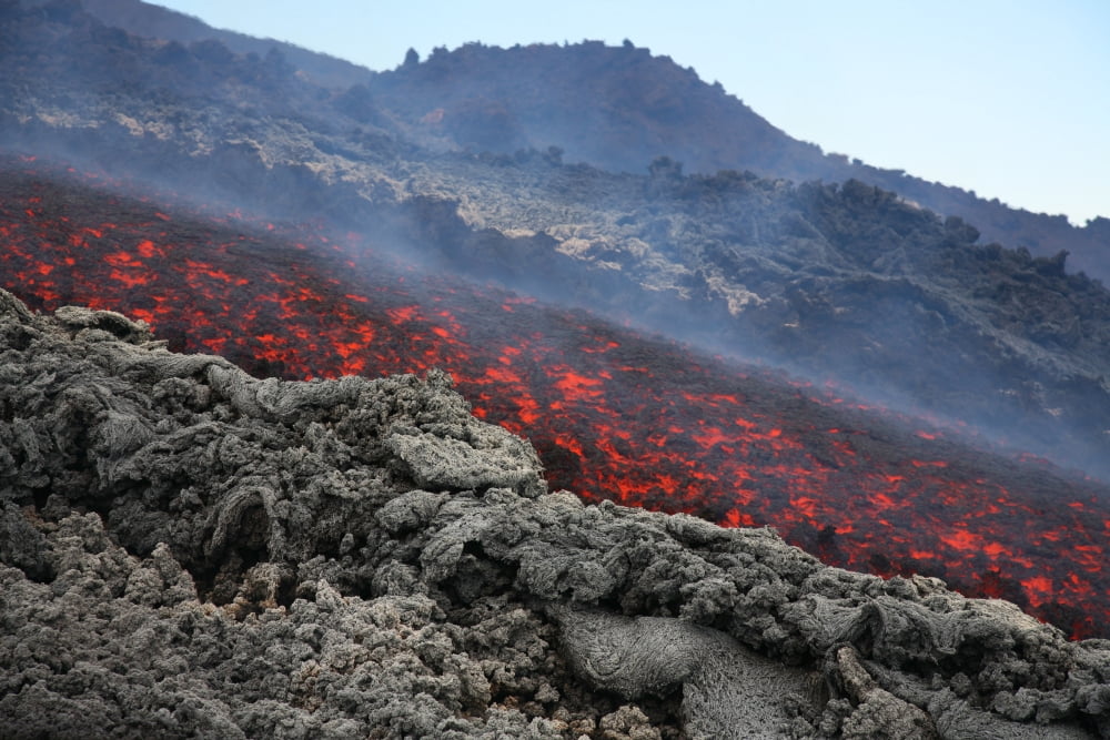 Lava flow during eruption of Mount Etna volcano Sicily Italy Canvas Art - Richard RoscoeStocktrek Images (35 x 23)