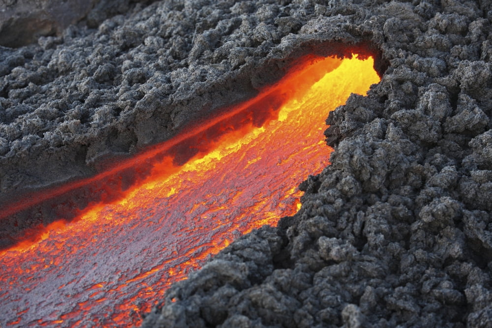Lava flowing from small tunnel on flank of Pacaya volcano Guatemala Canvas Art - Richard RoscoeStocktrek Images (18 x 12)