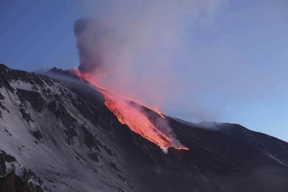 Lava flowing into Valle del Bove at Mount Etna Volcano Italy Canvas Art - Richard RoscoeStocktrek Images (35 x 23)