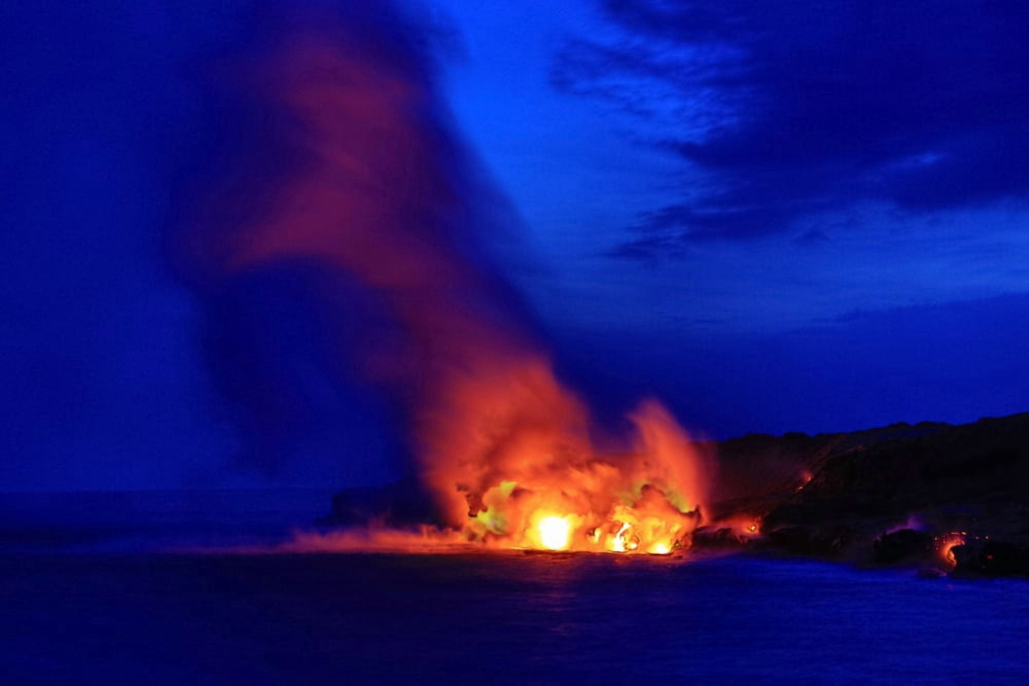 Lava flowing into ocean Hawaii Volcanoes National Park Kilauea Volcano Big Island Hawaii USA Canvas Art - Panoramic Images (36 x 12)