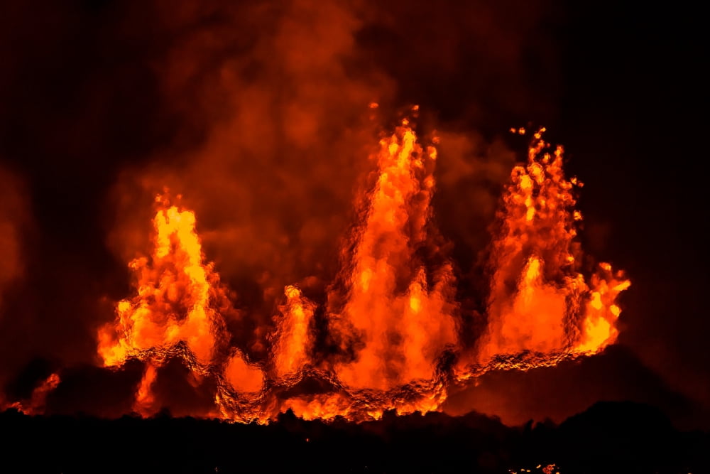 Lava fountains at night eruption at the Holuhraun Fissure near the Bardarbunga Volcano Iceland Canvas Art - Panoramic Images (36 x 12)