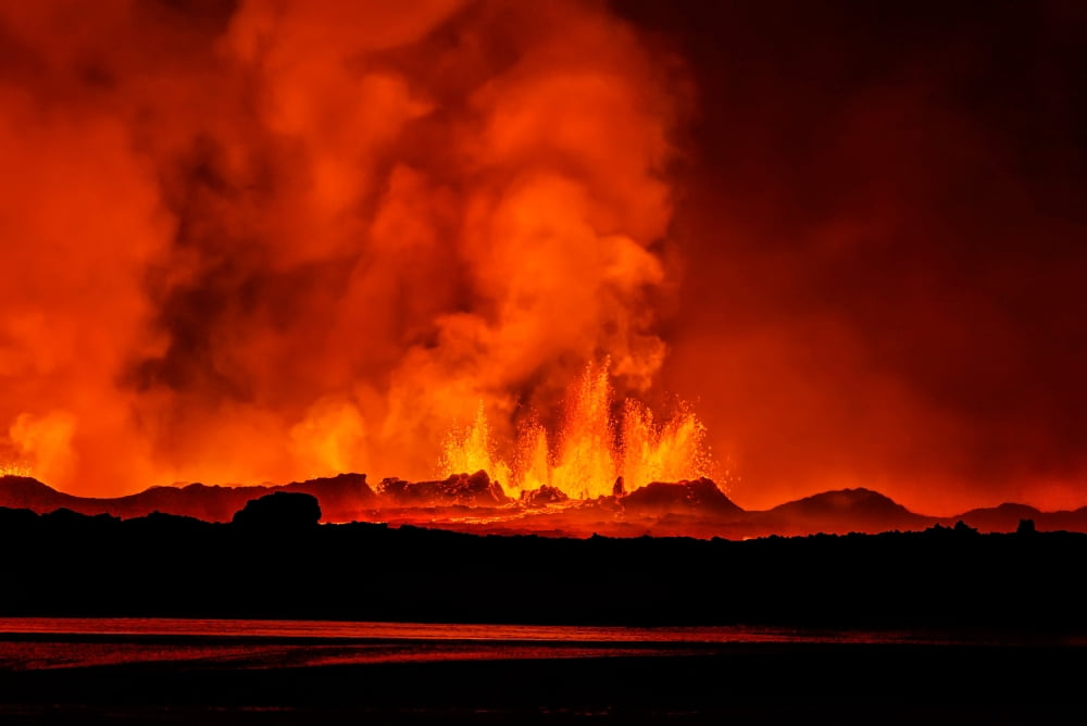 Lava fountains at night eruption at the Holuhraun Fissure near the Bardarbunga Volcano Iceland Canvas Art - Panoramic Images (36 x 12)