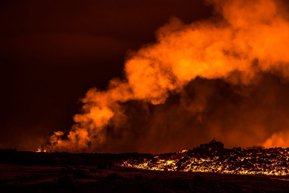 Lava fountains at night eruption at the Holuhraun Fissure near the Bardarbunga Volcano Iceland Canvas Art - Panoramic Images (36 x 12)