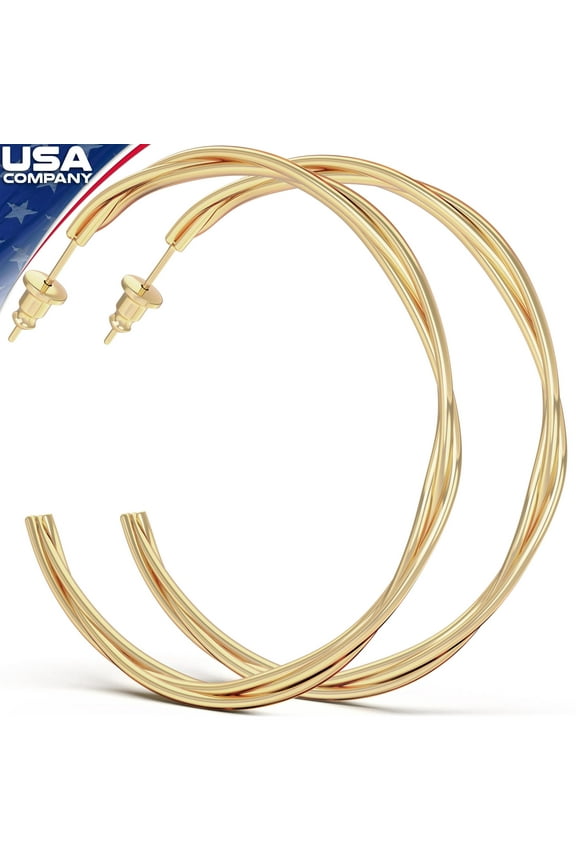 Gold Hoop Rope Earrings, 14K Gold Plated Hypoallergenic Pair Female
