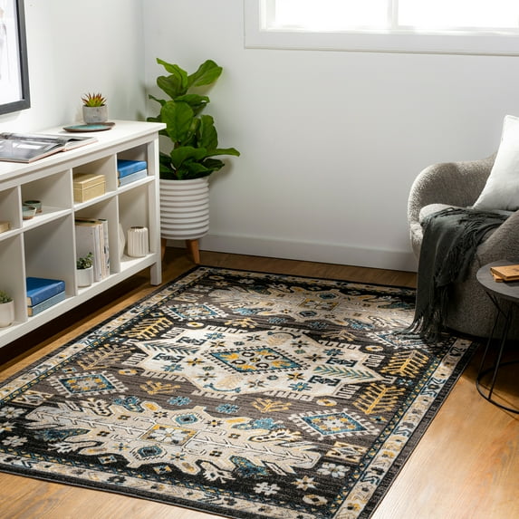 Lavadora Black 5'3" x 7' Traditional Machine Washable Rectangle Area Rug