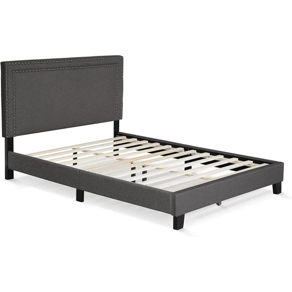 Laval Double Row Nail Head Upholstered Platform Bed Frame, Full, Stone