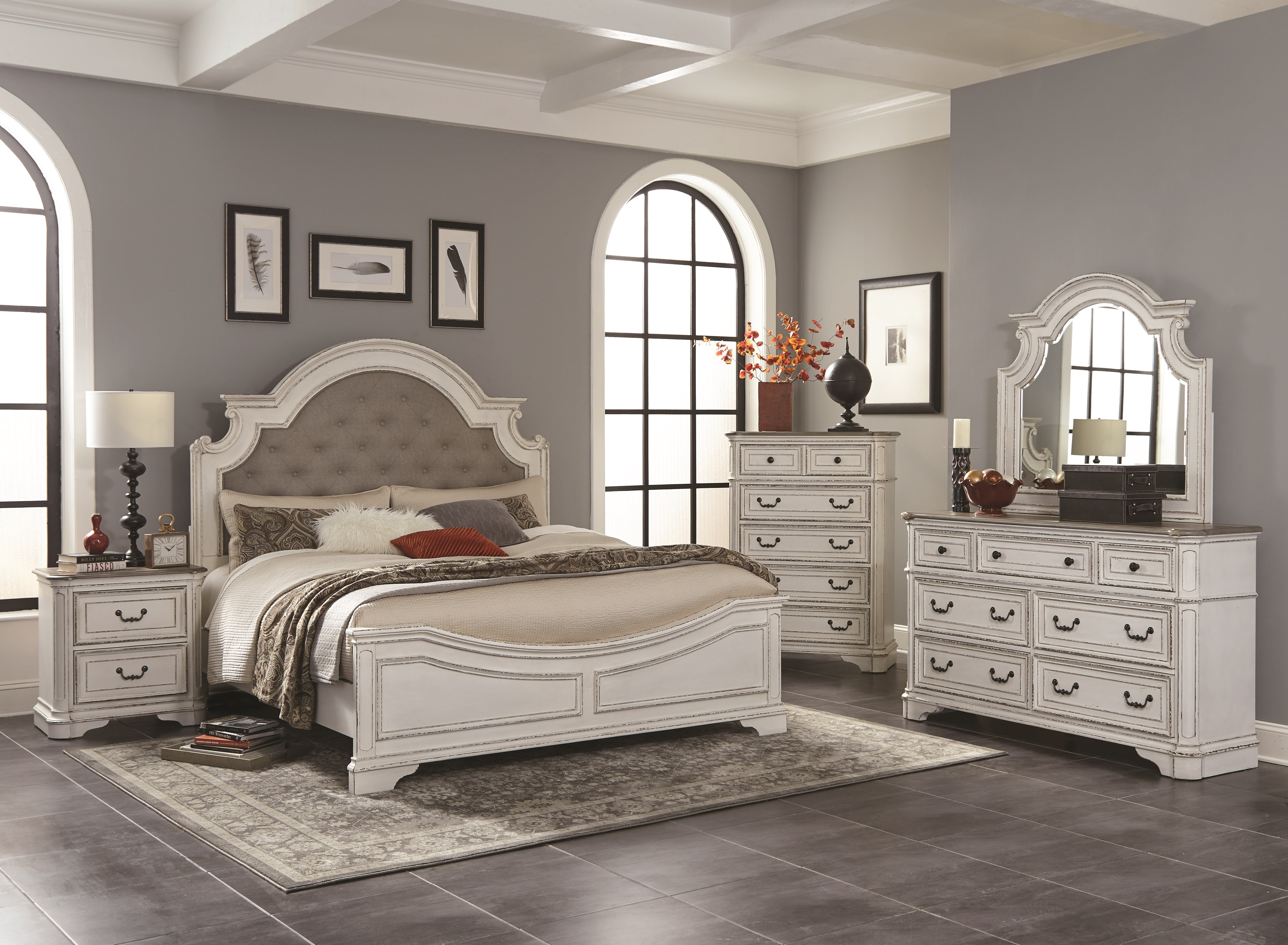 Laval Wood Bedroom Set, Upholstered King Bed, Dresser, Mirror