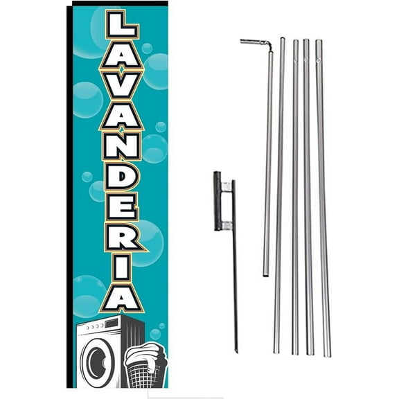 Lavanderia Advertising Rectangle Feather Banner Swooper Flag Sign with Flag Pole Kit and Ground Stake