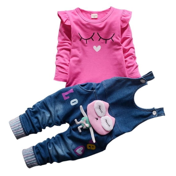 Lavaport 1-3Y Girls' Autumn Cotton Shirts + Denim Bib Set Causal Clothes