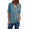 thumbnail image 1 of Lavaport Women Casual Chiffon Zipper V-Neck T-Shirt Loose Long Roll-Up Sleeves Top, 1 of 1