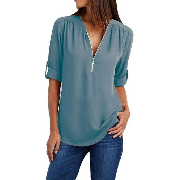 Lavaport Women Casual Chiffon Zipper V-Neck T-Shirt Loose Long Roll-Up Sleeves Top